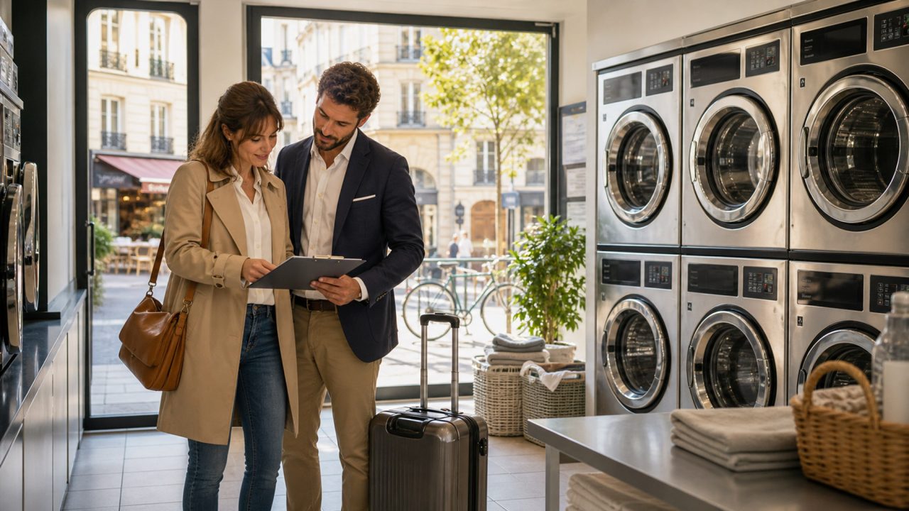 Couple reviewing paperwork inside a modern French launderette with stainless steel washing machines, folded laundry, luggage, and a sunlit street outside.