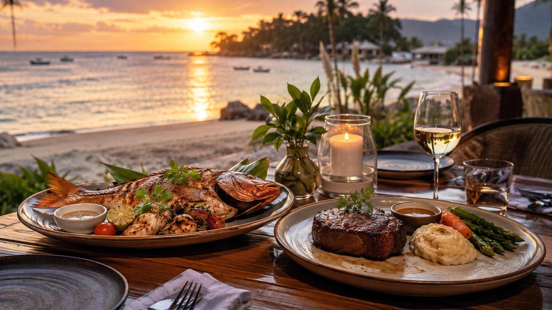 Beachfront dining table in Lombok with grilled fish, seafood, steak, wine, candlelight, palm trees, ocean waves, and a warm sunset over Senggigi.