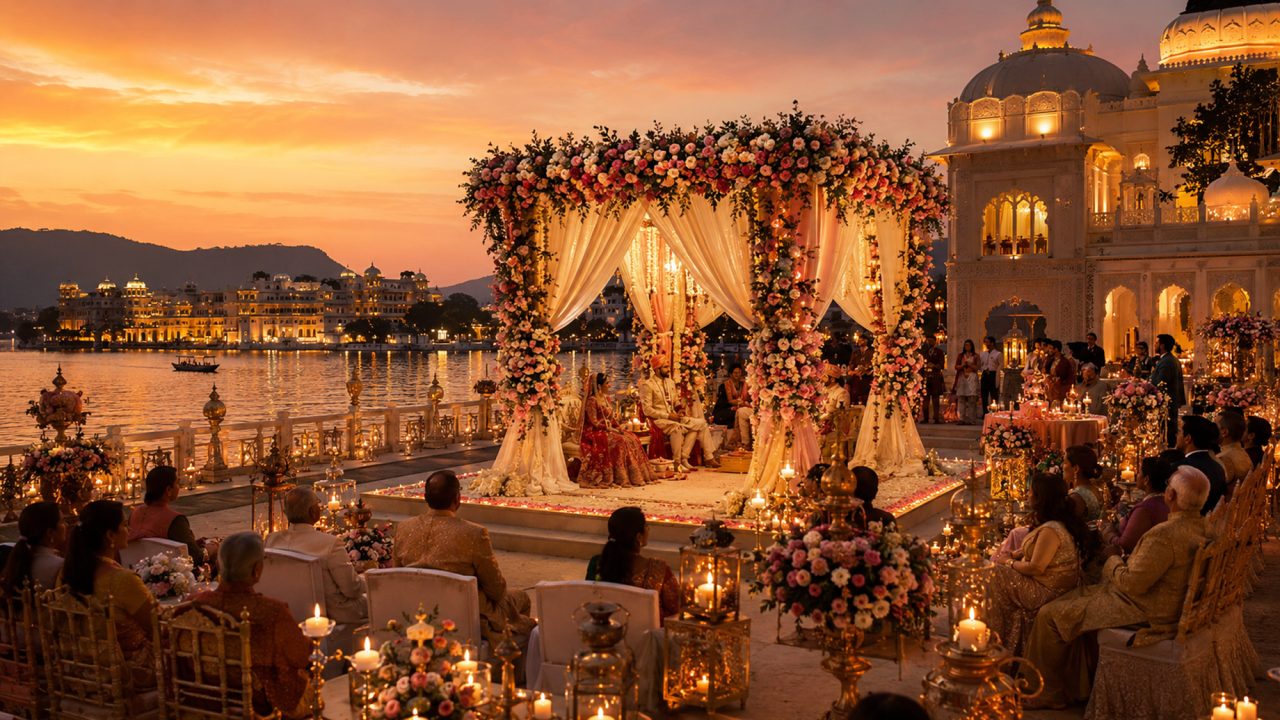 An elegant lakeside wedding ceremony in Udaipur features a floral mandap, candlelit décor, royal palace architecture, and guests gathered at sunset beside Lake Pichola.