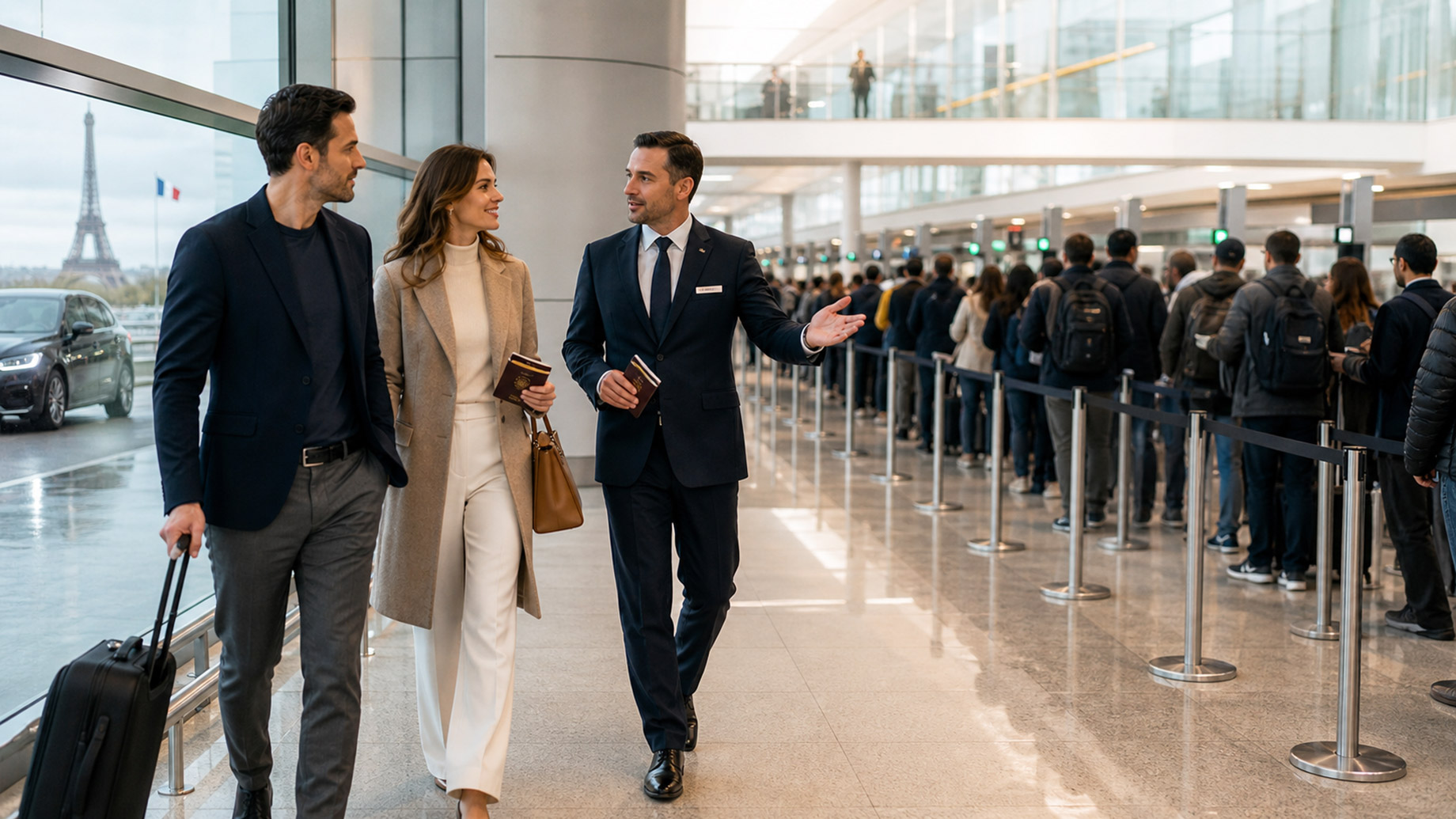 Business travelers being escorted through a modern airport terminal while a long passport control queue waits nearby.