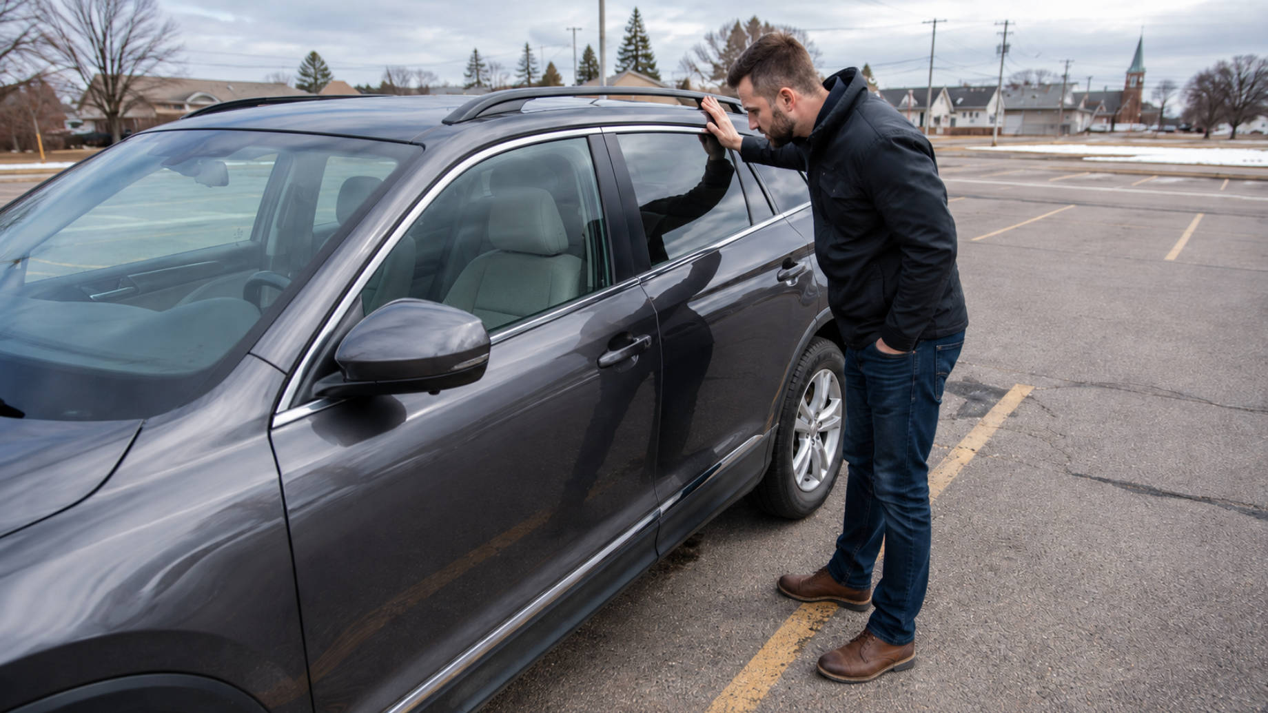 Man standing beside a locked dark SUV in a parking lot, looking through the window after being unable to access the vehicle.