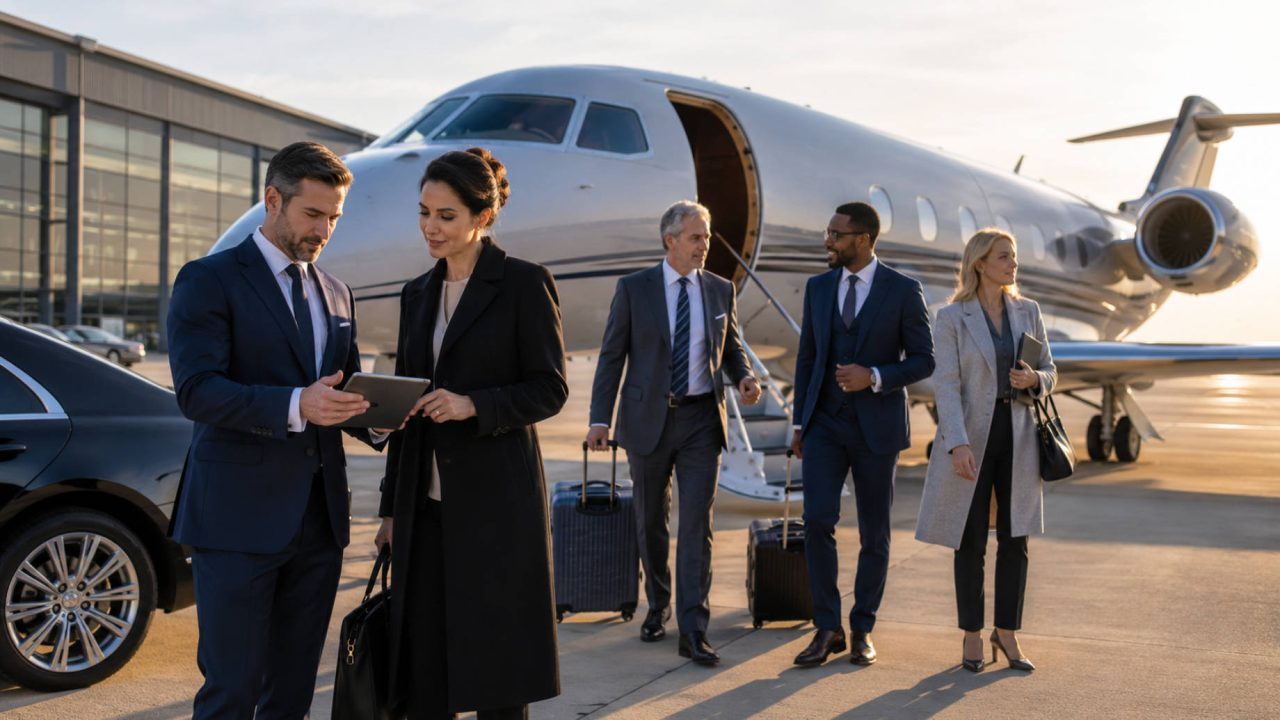 Senior business team beside a private jet reviewing travel plans on the airport tarmac.
