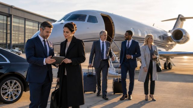 Senior business team beside a private jet reviewing travel plans on the airport tarmac.