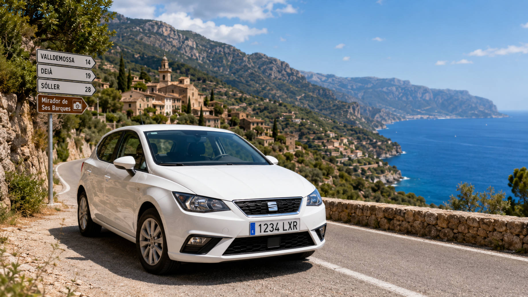 White rental car beside a winding coastal road overlooking a Mallorcan village, mountains, and the Mediterranean Sea.