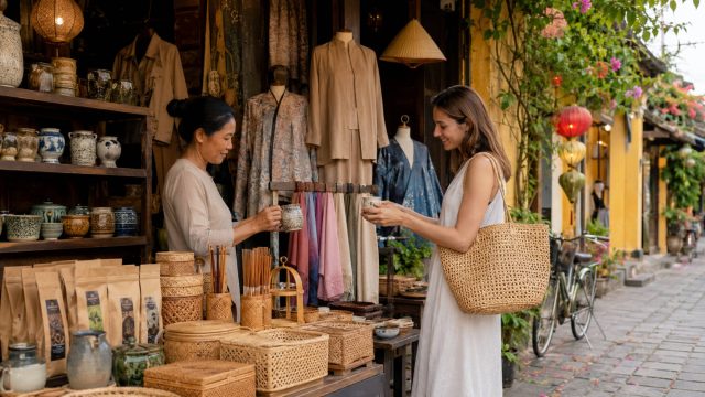 Traveller browsing Vietnamese ceramics, woven bamboo goods, textiles, and locally packaged products at a traditional market shop.