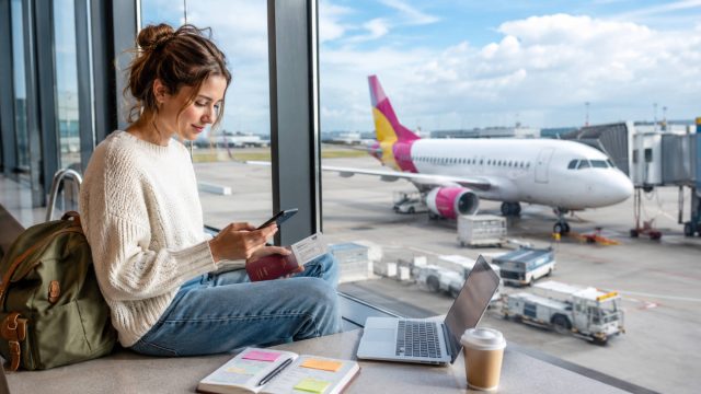 Student checking a phone and boarding pass beside a laptop at an airport gate with a parked airplane outside.