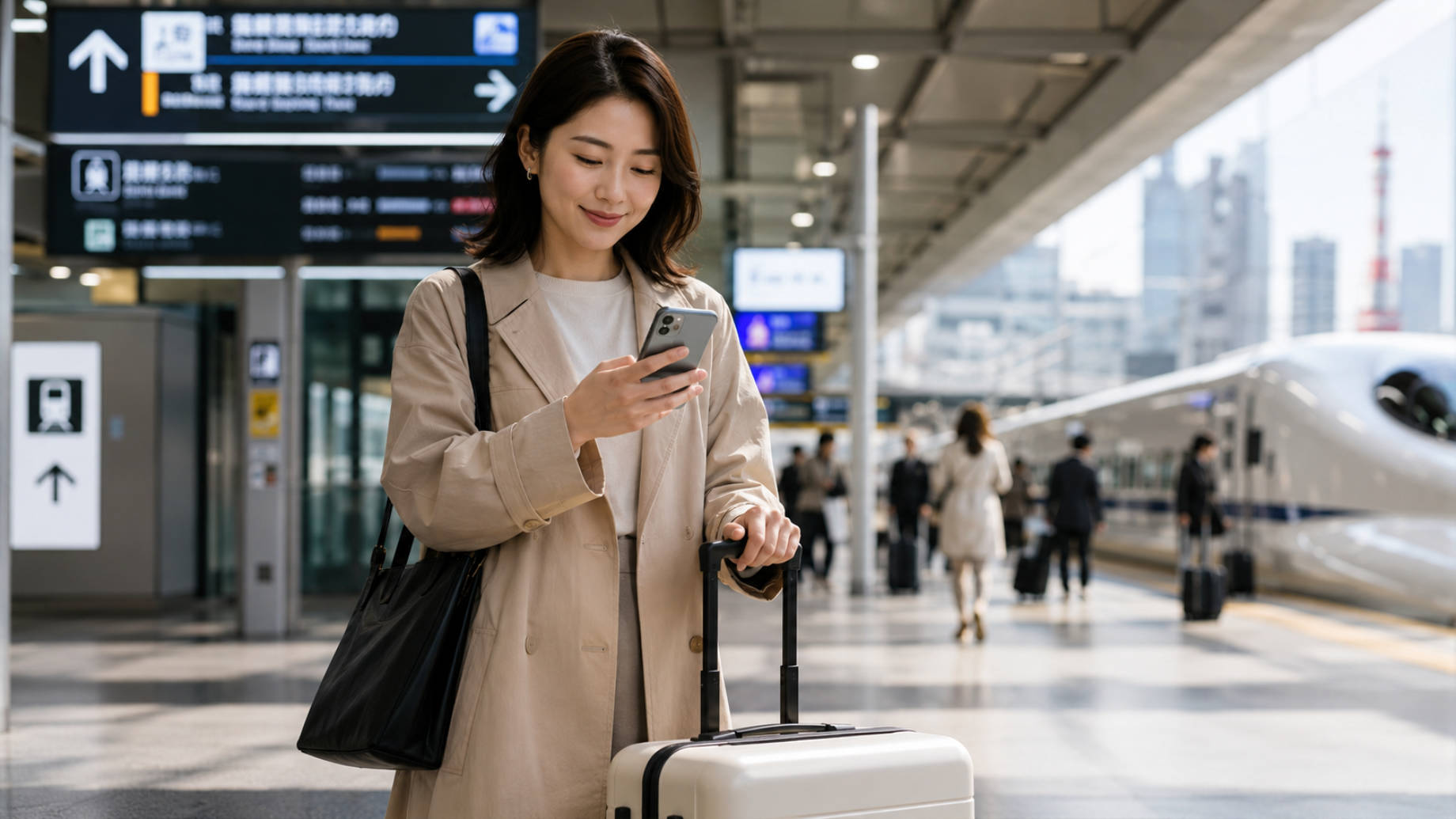 Traveler with suitcase checking a smartphone at a modern Japanese train station with platform signs and a bullet train nearby.