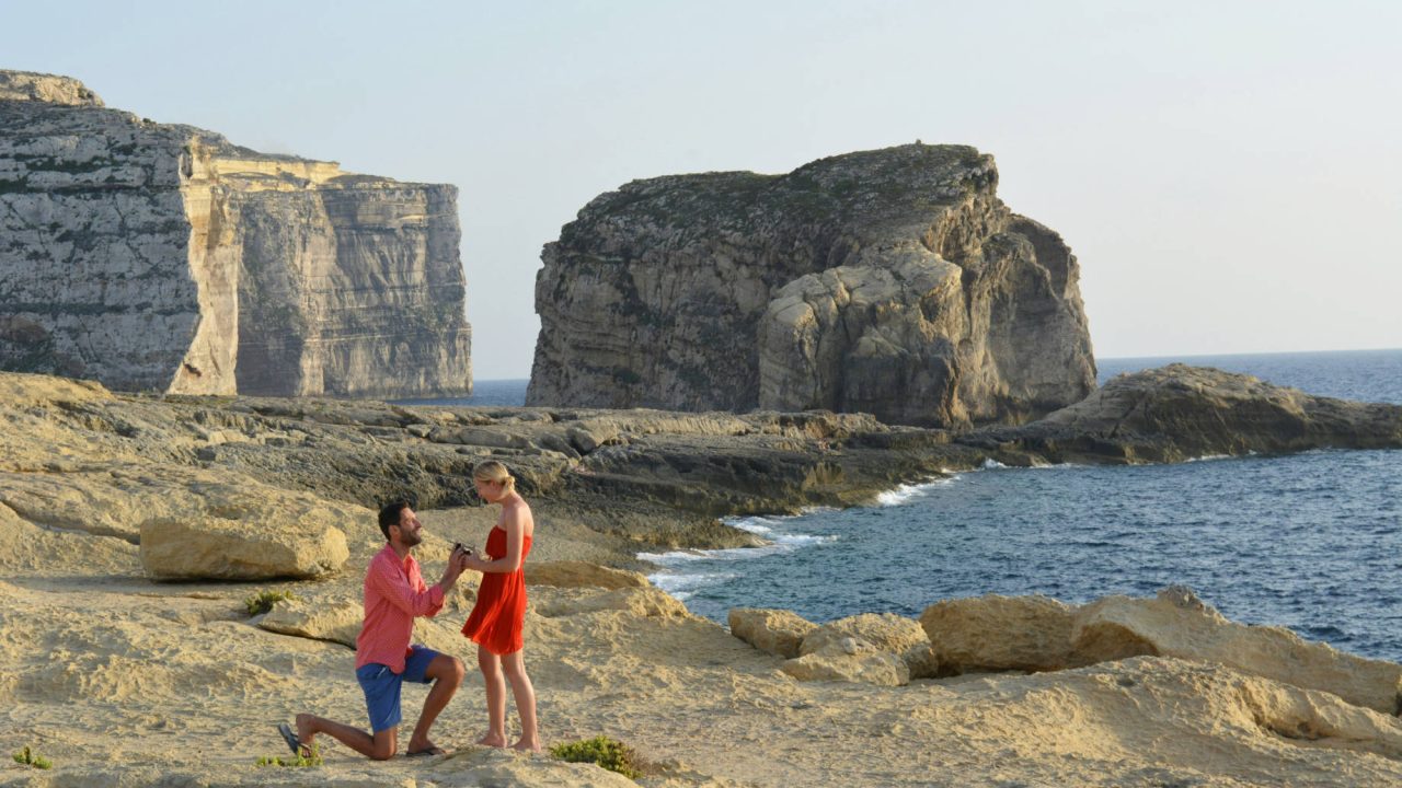 Wedding Proposal in Malta on a Rocky Seashore