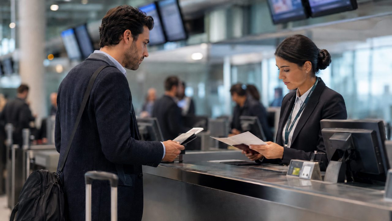 Airline check-in agent reviewing a passenger’s passport and travel documents while he holds a document wallet at an international airport.