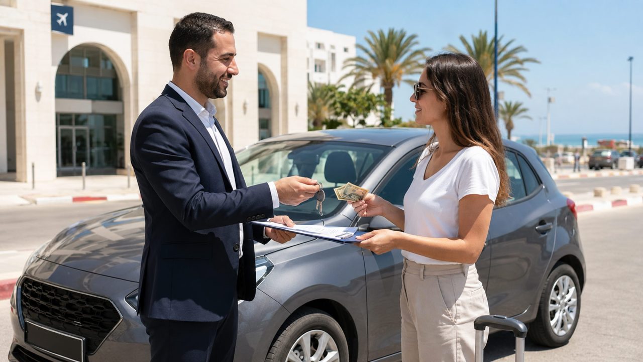 Traveller paying cash and receiving rental car keys from an agent outside a Tunisian airport near the Mediterranean coast.