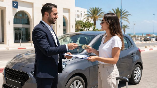 Traveller paying cash and receiving rental car keys from an agent outside a Tunisian airport near the Mediterranean coast.