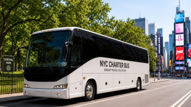 White charter bus parked beside Central Park with Midtown Manhattan buildings and Times Square billboards in the background.