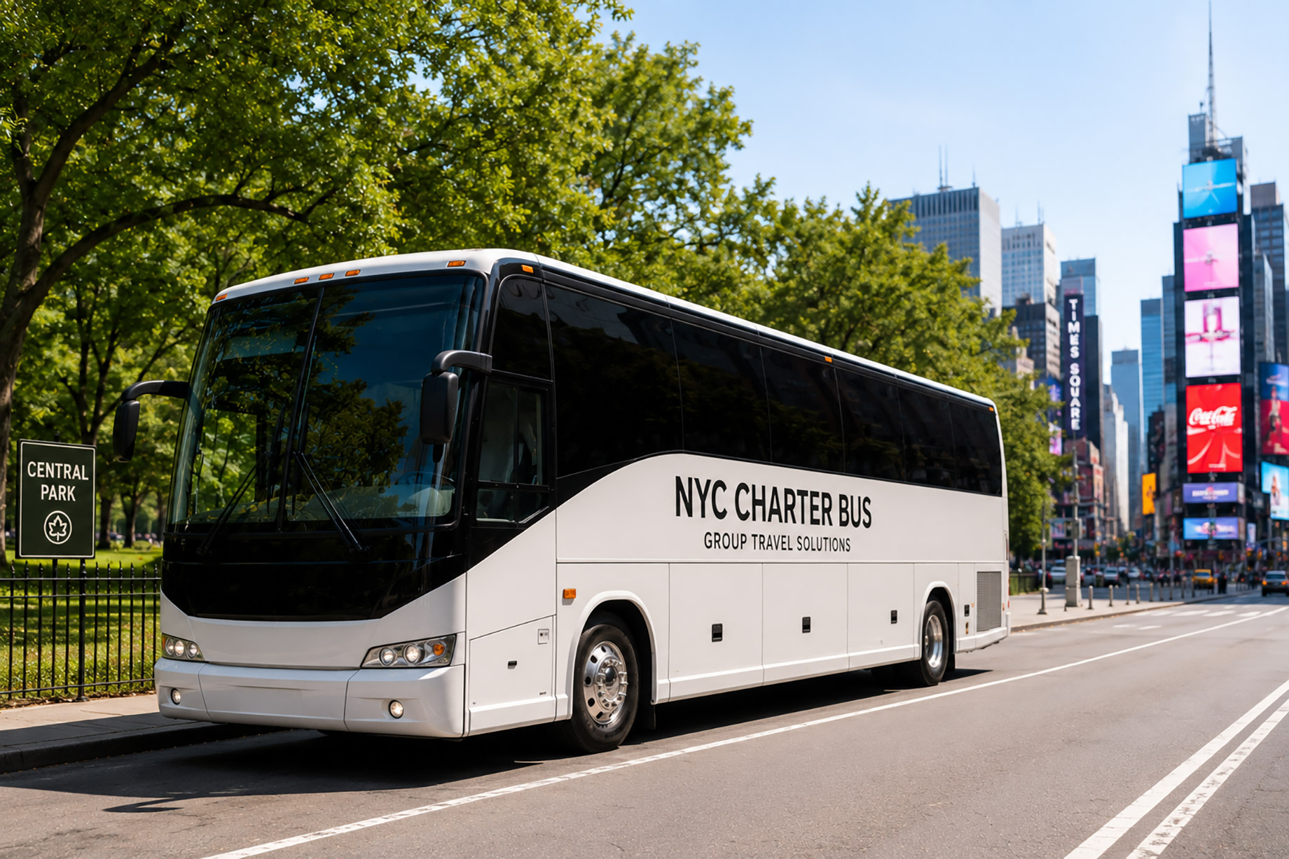White charter bus parked beside Central Park with Midtown Manhattan buildings and Times Square billboards in the background.