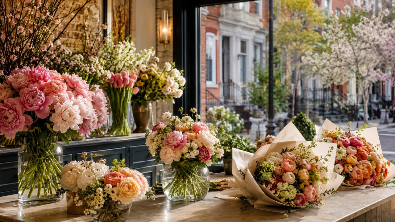 Elegant floral boutique displaying fresh pink, white, and peach bouquets beside a window overlooking a refined Washington, D.C. streetscape.