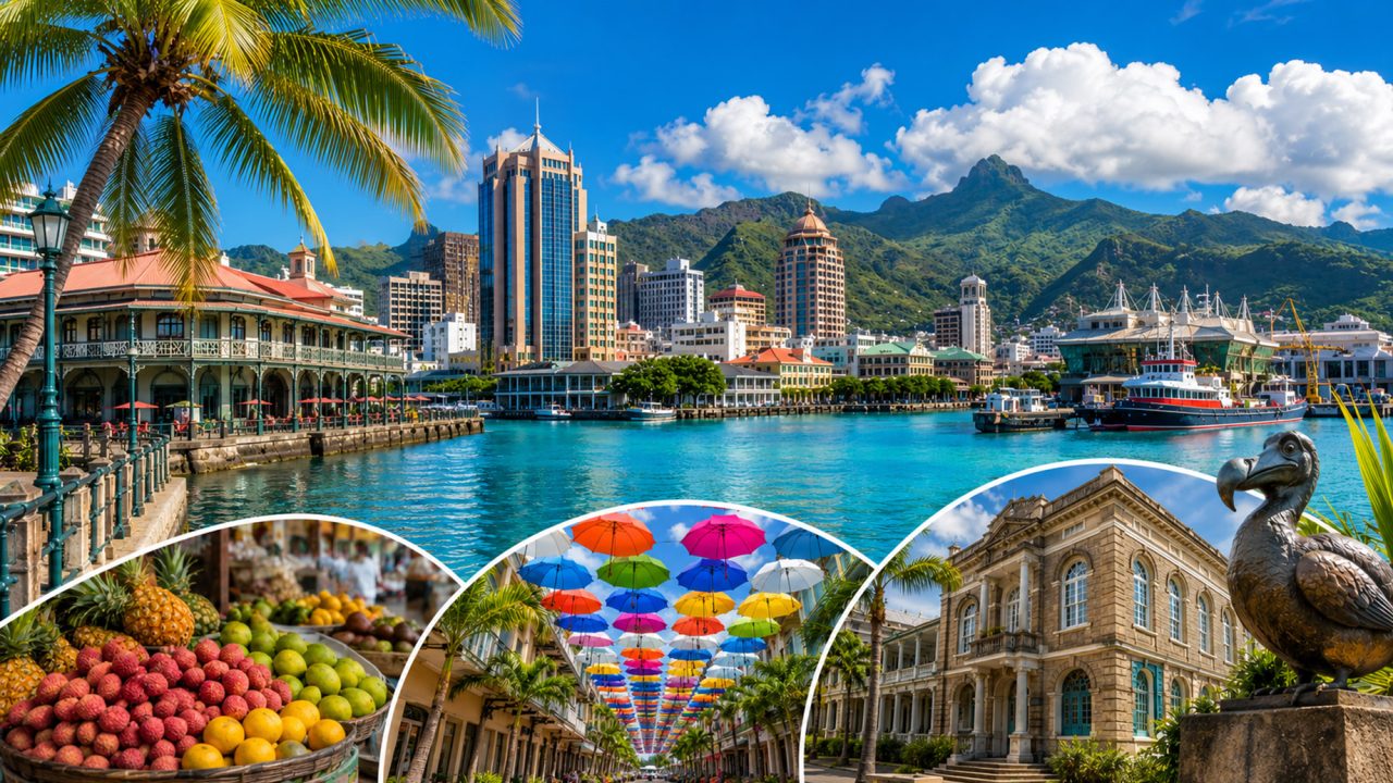 Port Louis waterfront framed by palm trees, mountain peaks, harbour boats, tropical fruit, colourful umbrellas, colonial architecture, and a dodo statue.
