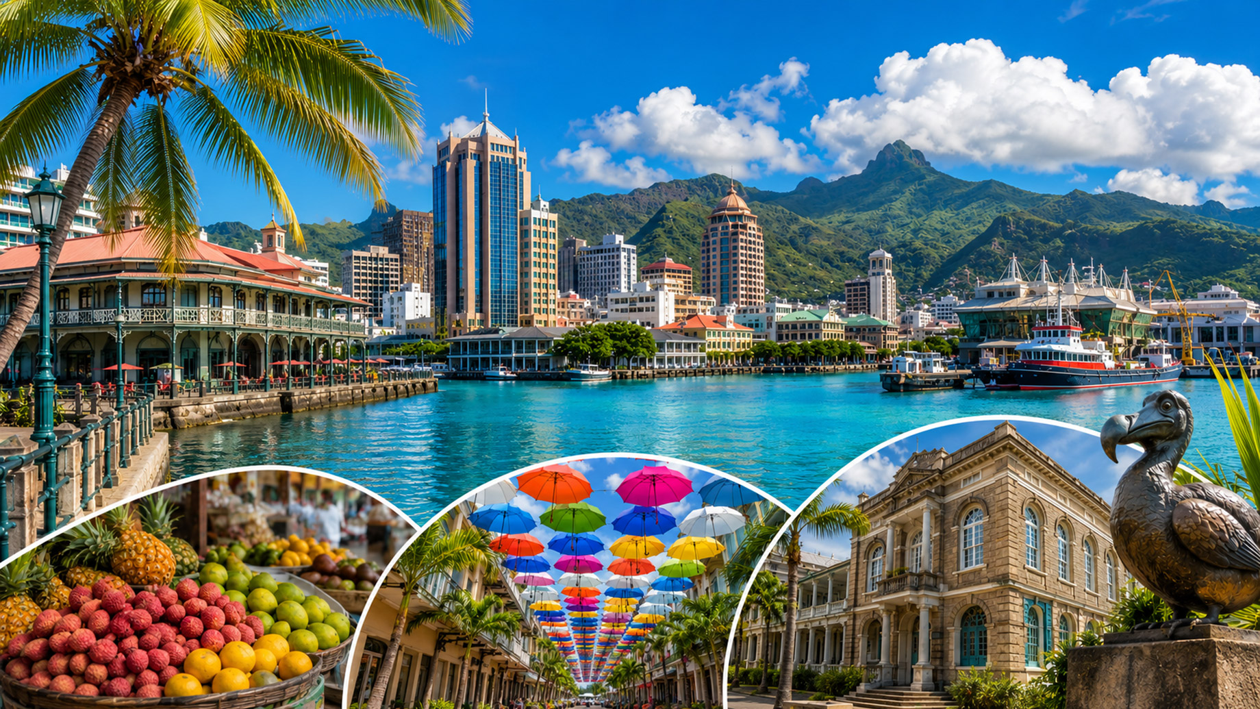 Port Louis waterfront framed by palm trees, mountain peaks, harbour boats, tropical fruit, colourful umbrellas, colonial architecture, and a dodo statue.