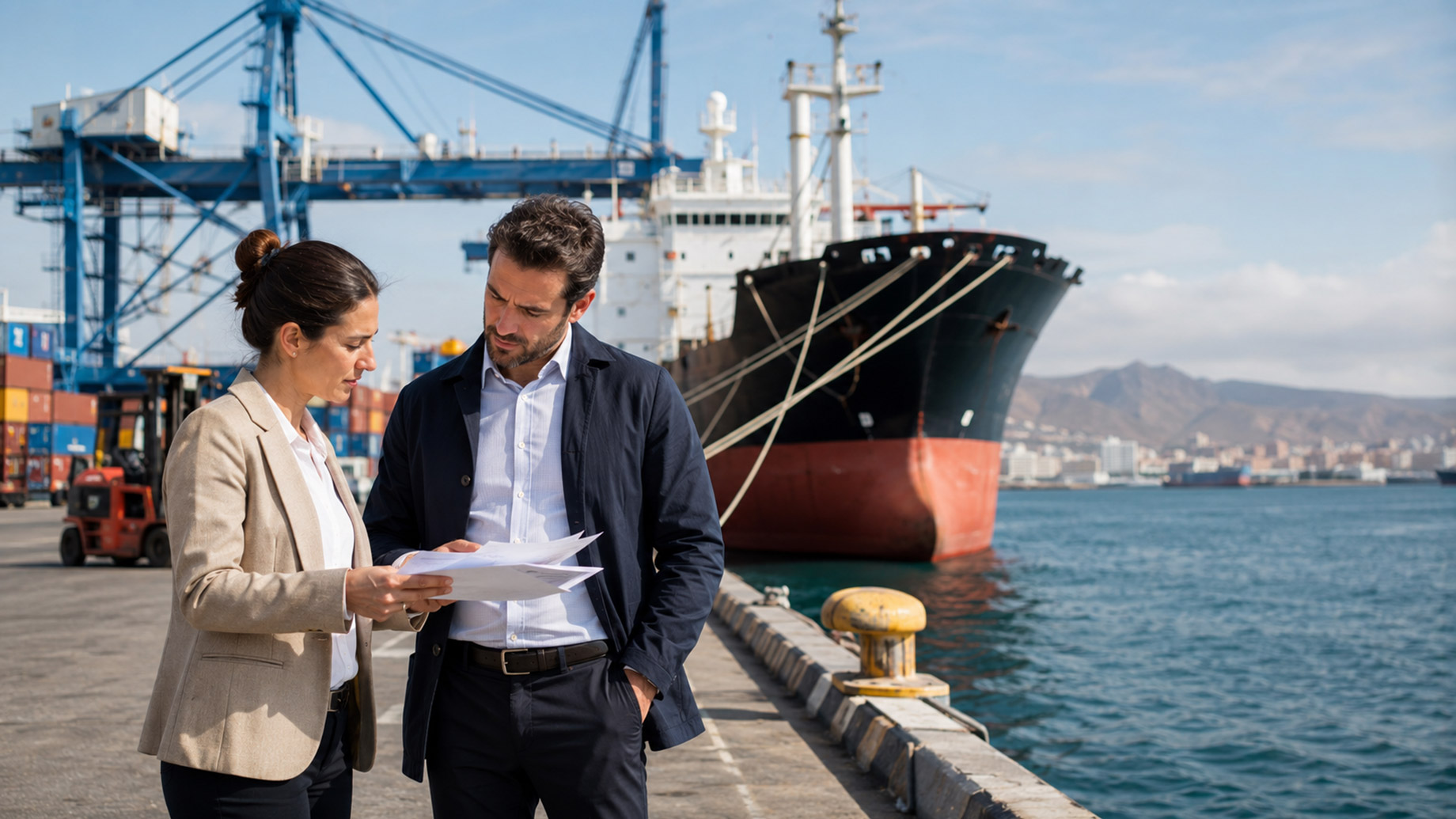 Two maritime professionals review shipping documents beside a docked cargo vessel at Las Palmas port, with cranes, containers, and harbour waters in the background.