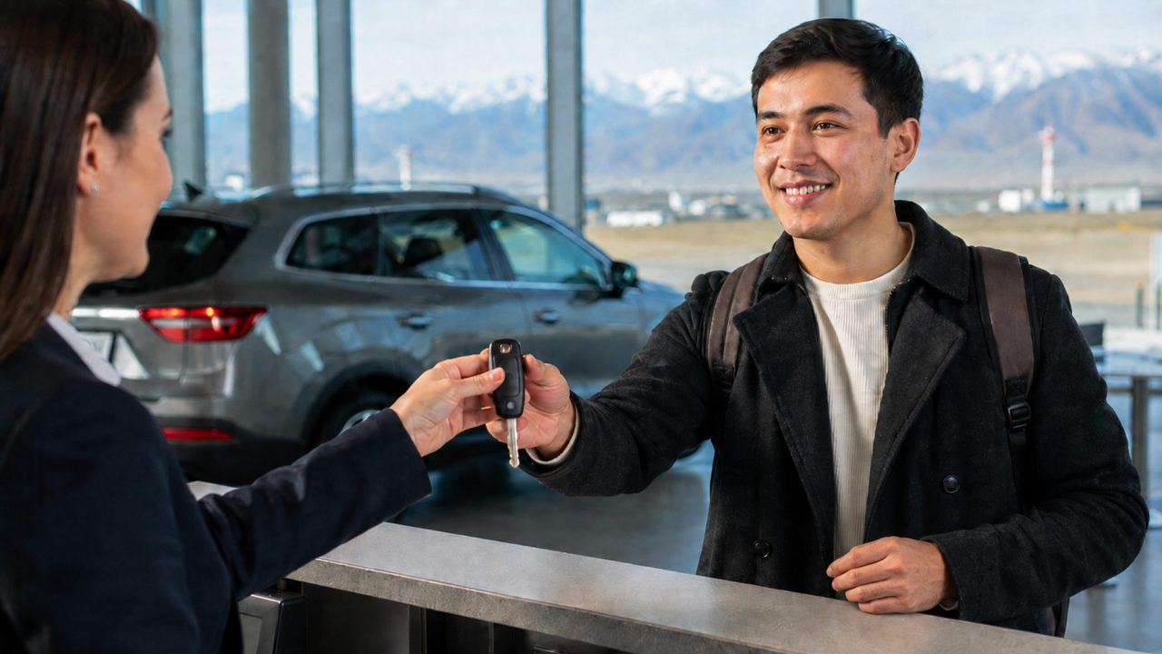 Traveller receiving a rental car key at an airport car hire counter in Kazakhstan, with an SUV and mountains visible through the terminal windows.