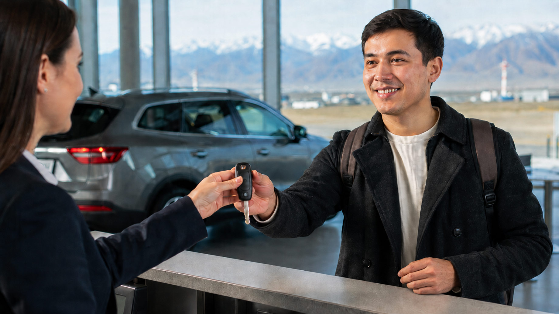 Traveller receiving a rental car key at an airport car hire counter in Kazakhstan, with an SUV and mountains visible through the terminal windows.