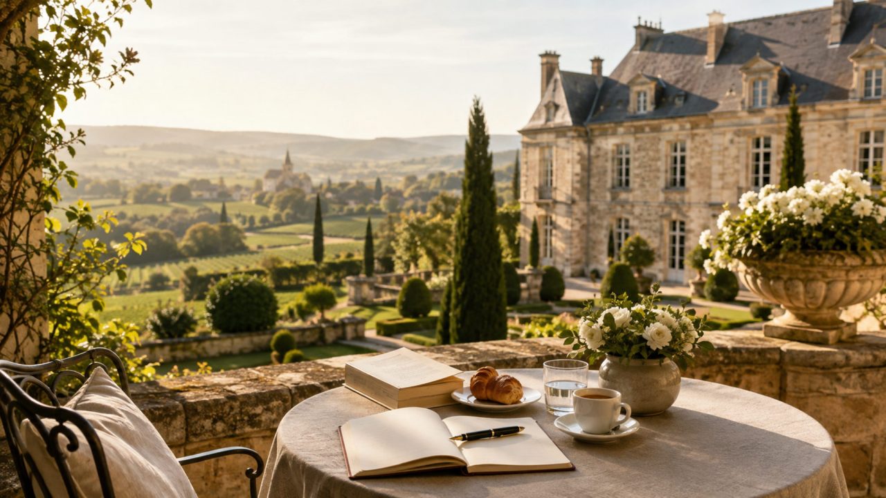 Elegant château terrace with a notebook, French study materials, coffee, and croissant overlooking formal gardens and the French countryside.