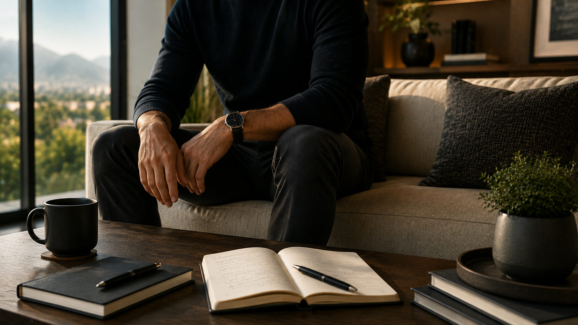 Faceless man seated in a modern living room with journals, a coffee mug, and planning materials on the table.