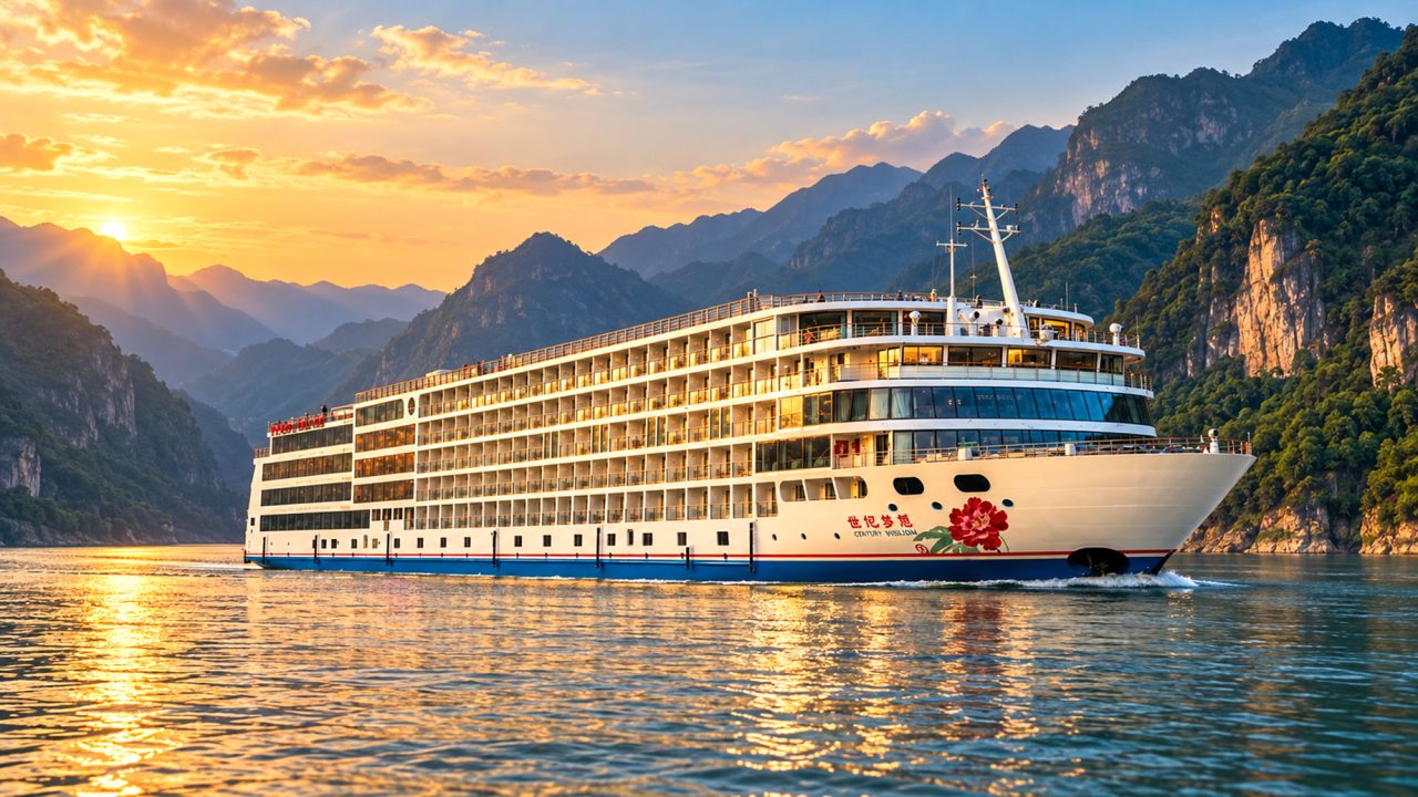 Century Vision cruises between forested mountain cliffs at sunset, with golden reflections on the river and a red peony decorating its bow.