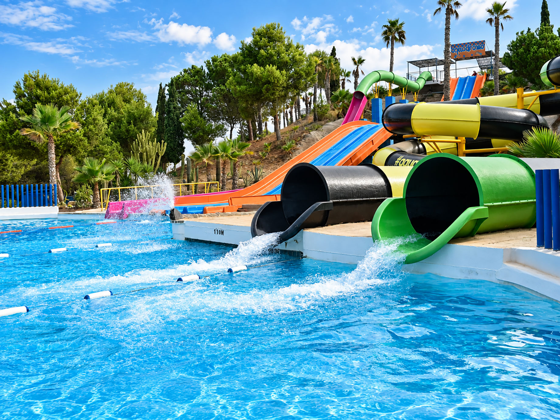 Colorful open and enclosed water slides flowing into a bright blue resort pool surrounded by palm trees and tropical landscaping.