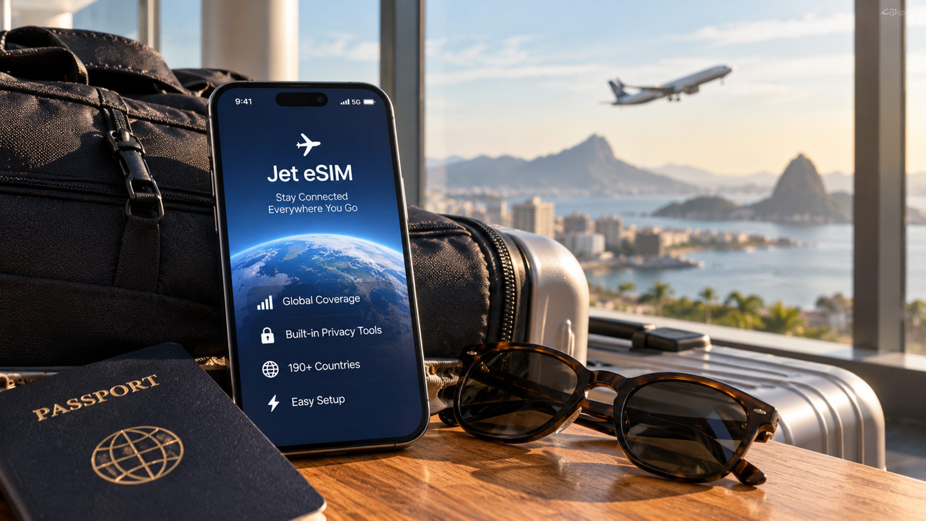 Smartphone displaying Jet eSIM beside a passport, sunglasses, and luggage at an airport as a plane departs over a coastal city.