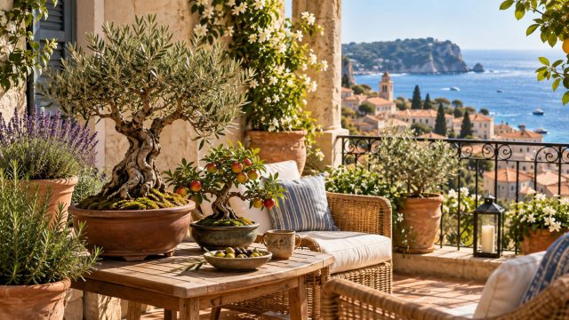 Olive and fruit bonsai in terracotta pots on a sunlit Mediterranean terrace with lavender, herbs, wicker seating, and coastal views.