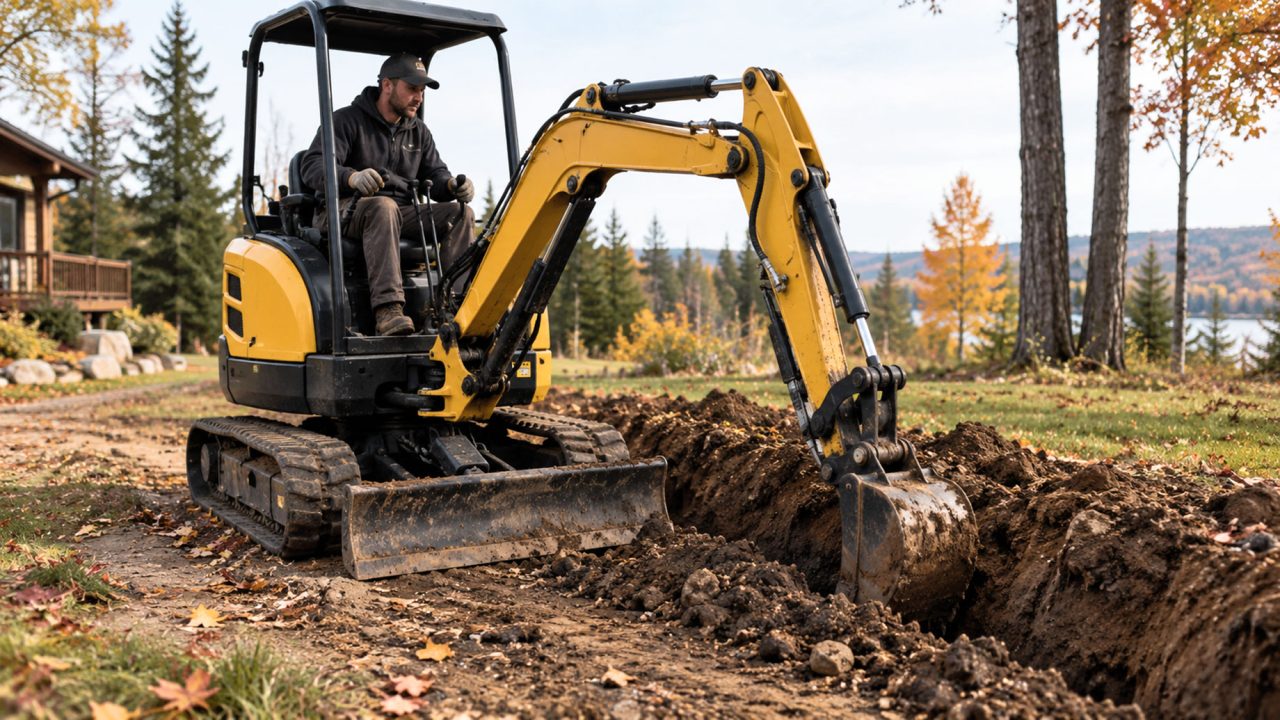 Mini excavator digging a trench on a rural property in autumn with the dozer blade lowered and fallen leaves scattered across the ground.