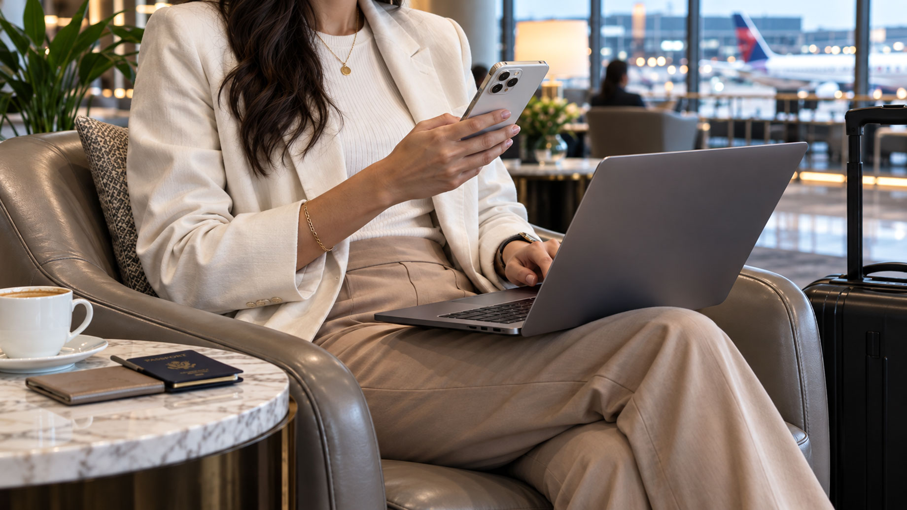 Woman using a smartphone and laptop while seated in an airport lounge, with luggage and an aircraft visible through the terminal windows.