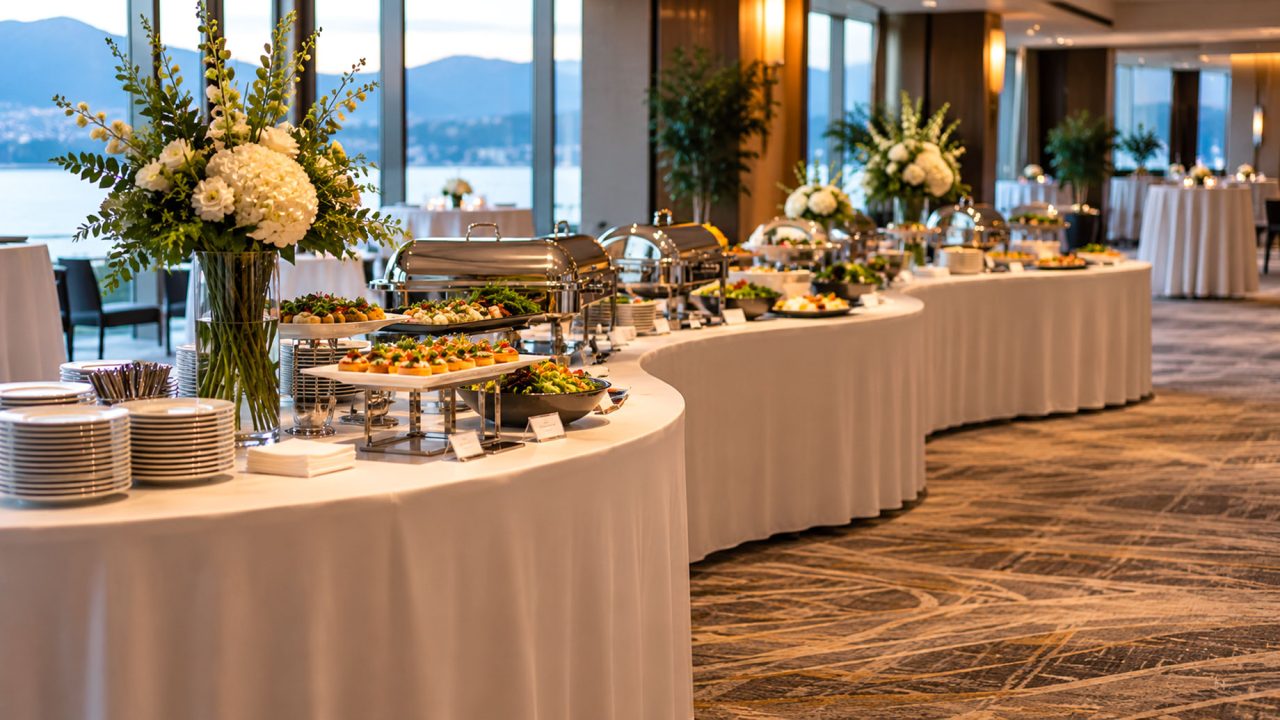 Ivory-draped serpentine buffet tables with white flowers and chafing dishes in a hotel overlooking water and mountains.