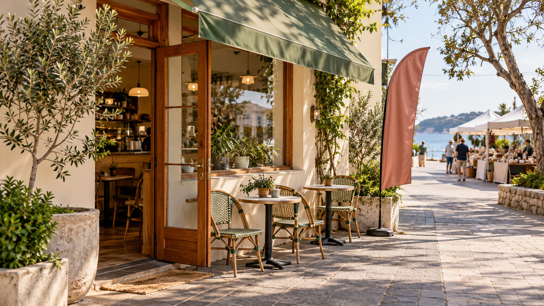Outdoor café tables beneath a green awning, with a feather flag beside the entrance and market stalls along a waterfront walkway