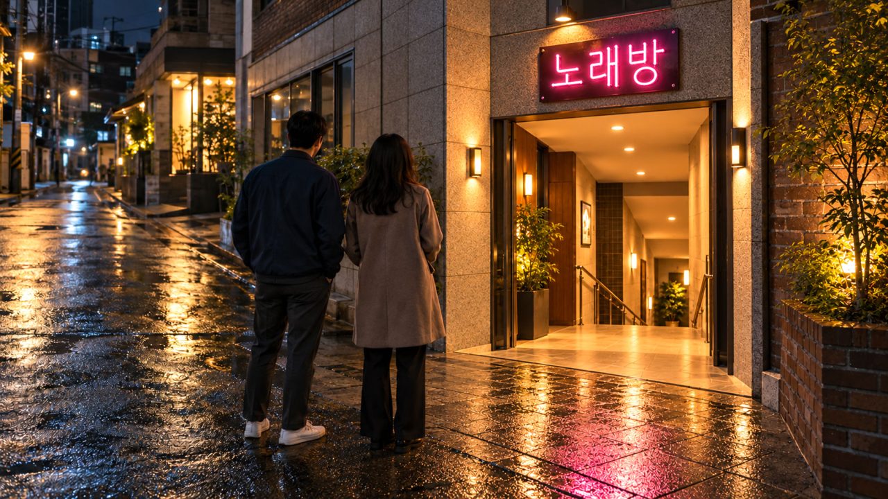 Two people beside a neon noraebang sign and a warmly lit karaoke entrance on a rain-wet street at night.