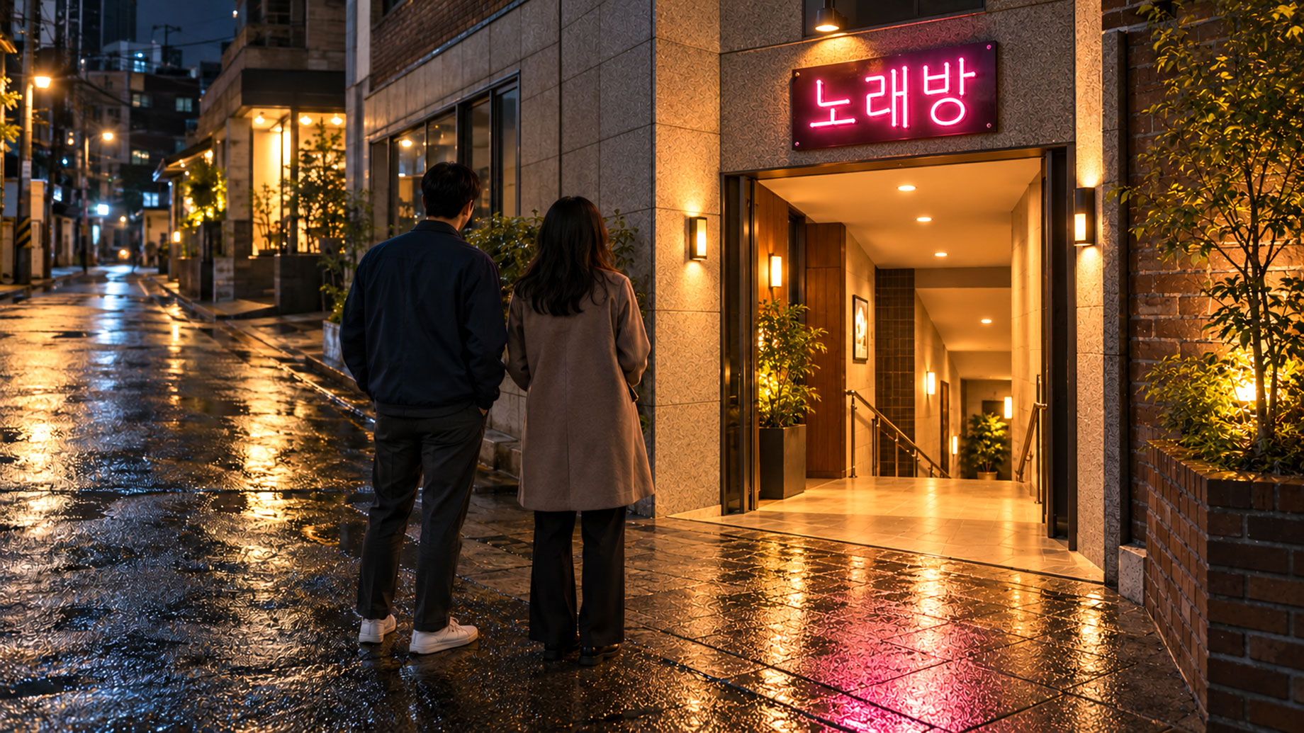 Two people beside a neon noraebang sign and a warmly lit karaoke entrance on a rain-wet street at night.