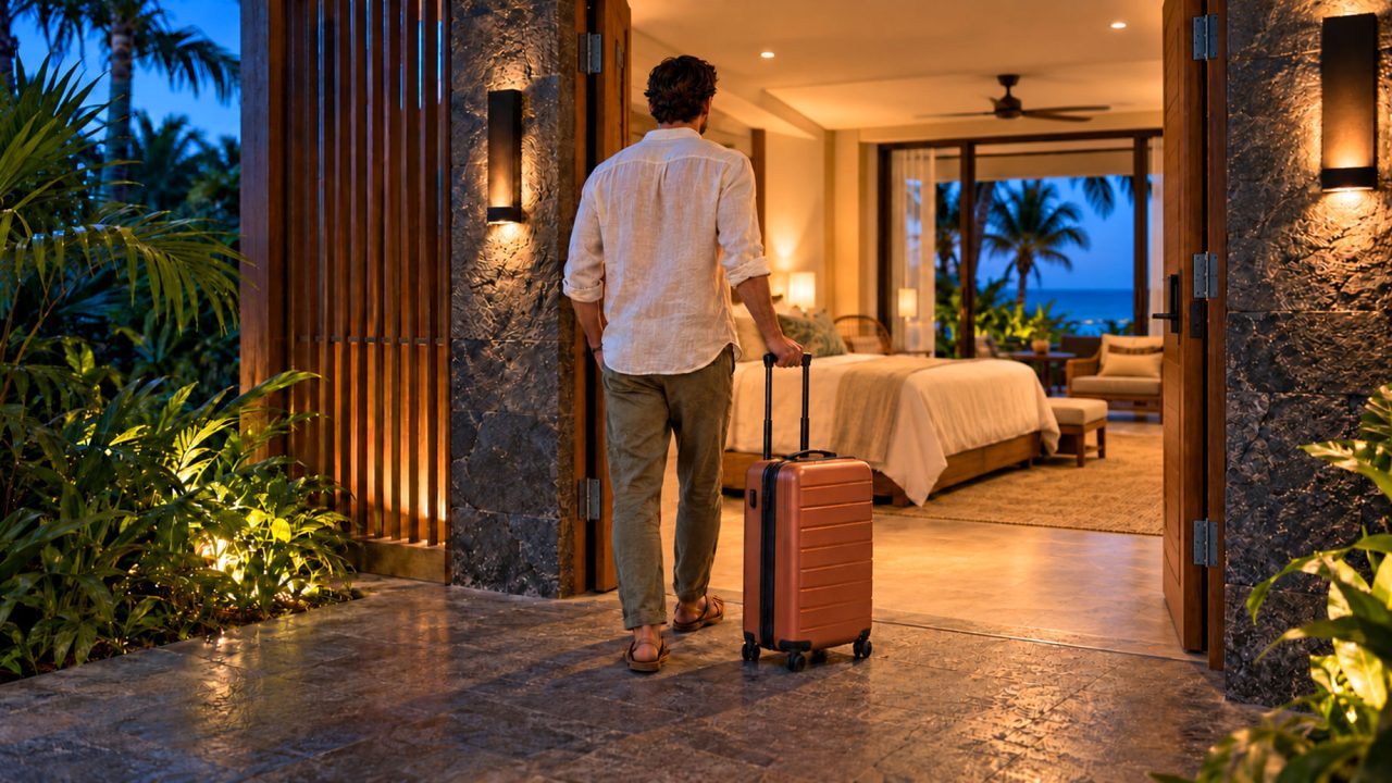 Traveller with a copper suitcase at the open entrance of a warmly lit tropical resort suite, with palms and the sea beyond.