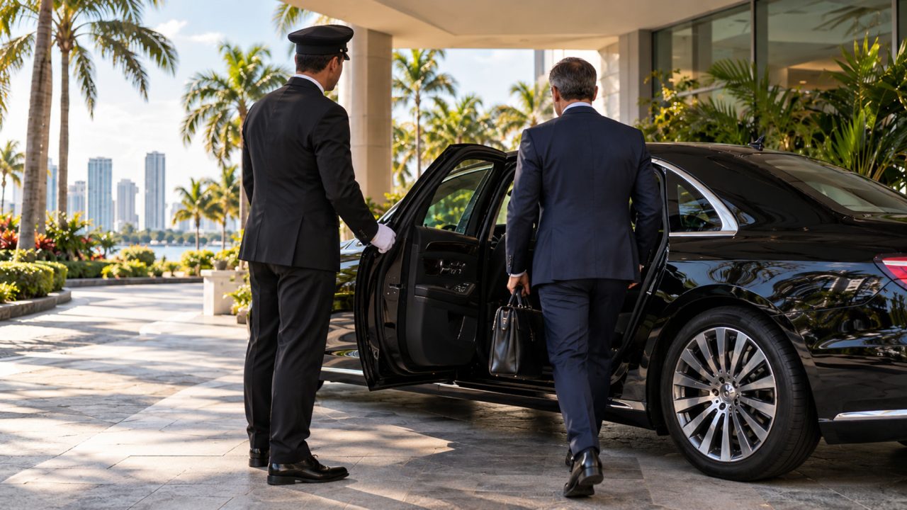 Rear view of a business traveler with a briefcase approaching a black sedan while a chauffeur holds the rear door open.