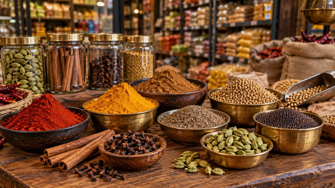 Indian spices including turmeric, red chilli powder, cumin, coriander seeds, cardamom, cloves, cinnamon, and mustard seeds displayed at a grocery market.