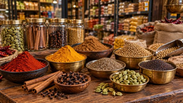 Indian spices including turmeric, red chilli powder, cumin, coriander seeds, cardamom, cloves, cinnamon, and mustard seeds displayed at a grocery market.