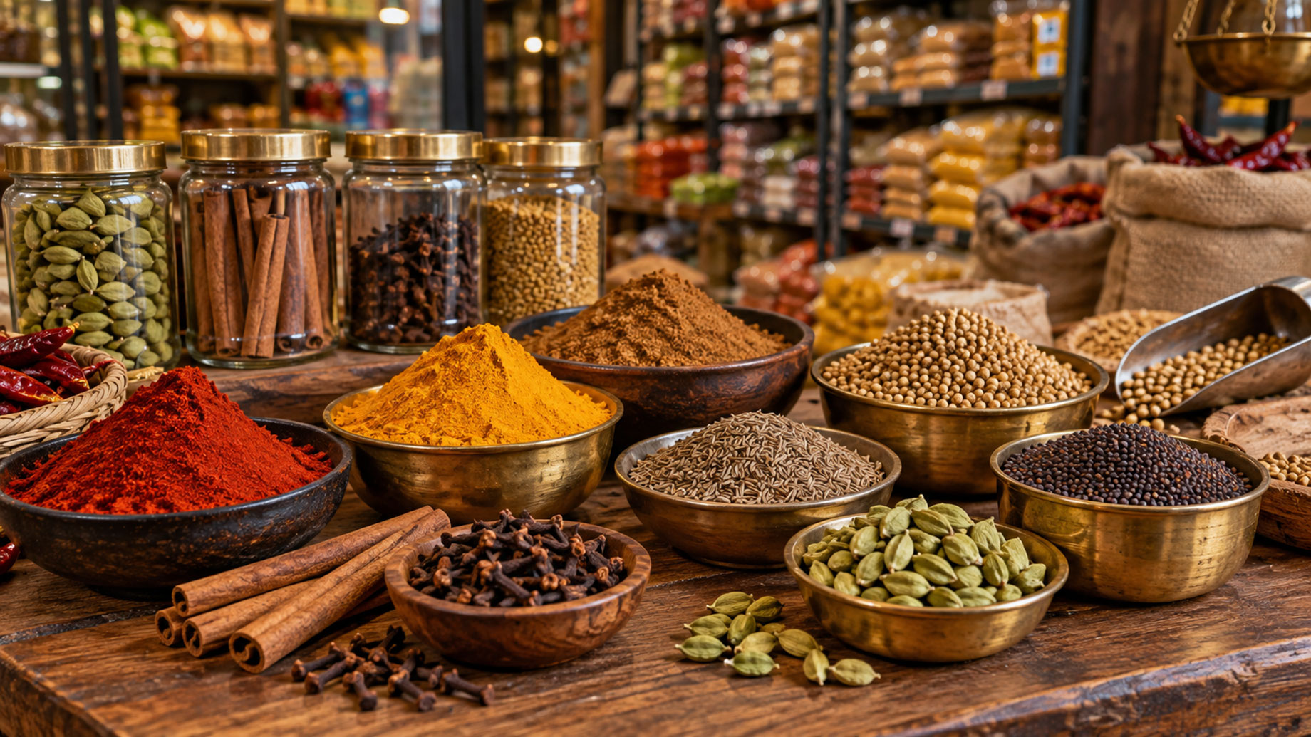 Indian spices including turmeric, red chilli powder, cumin, coriander seeds, cardamom, cloves, cinnamon, and mustard seeds displayed at a grocery market.