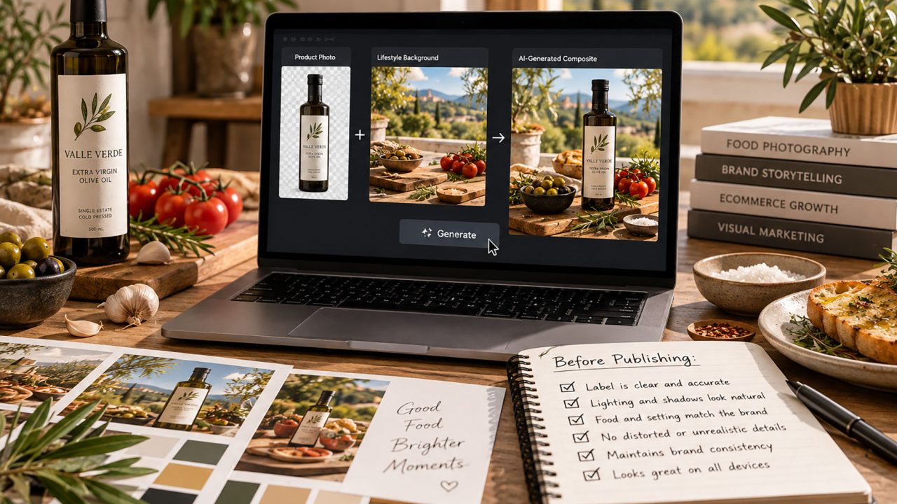 Laptop showing an olive oil product compositing workflow beside a bottle, fresh ingredients, printed proofs, and a checklist.