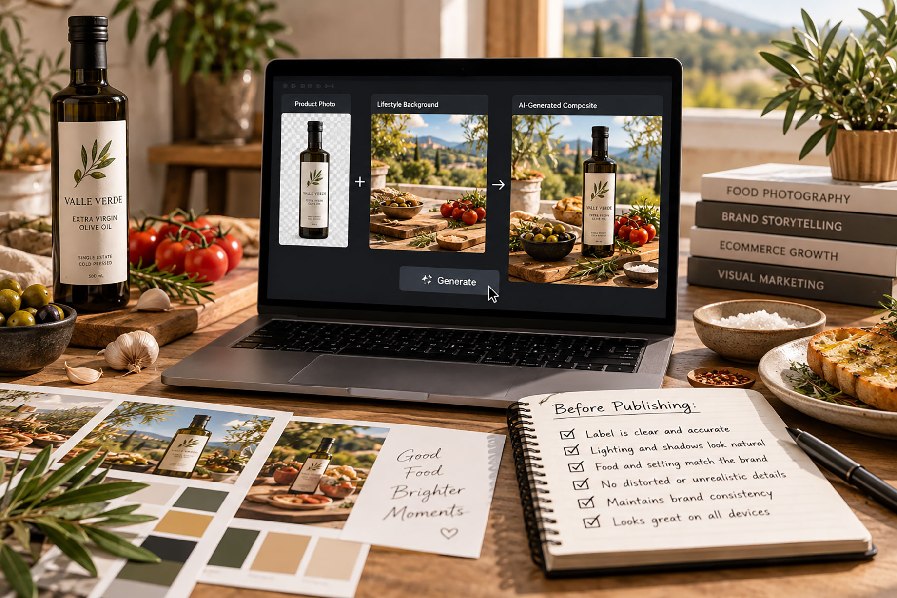 Laptop showing an olive oil product compositing workflow beside a bottle, fresh ingredients, printed proofs, and a checklist.