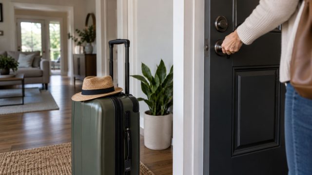 Traveler locking the front door beside a suitcase in a tidy entryway before leaving for vacation.