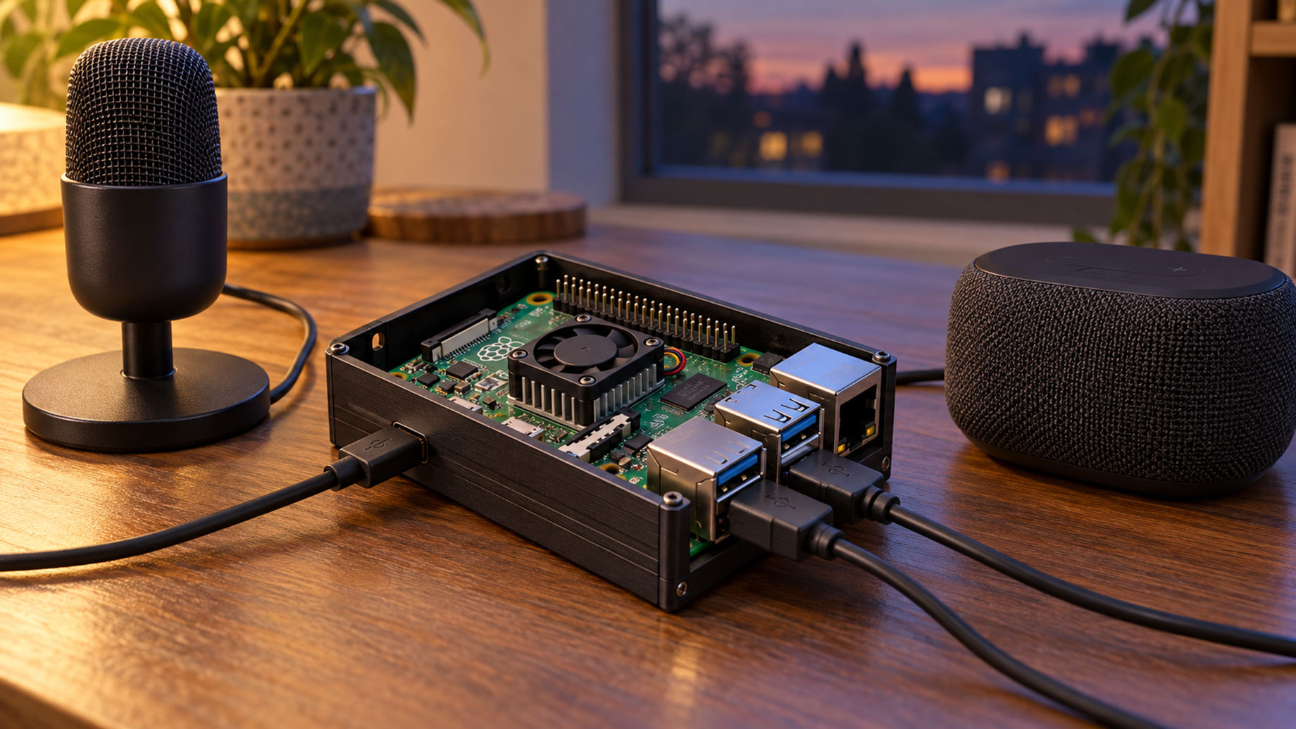 Raspberry Pi computer in an open metal enclosure beside a desktop microphone and fabric-covered speaker on a wooden desk.