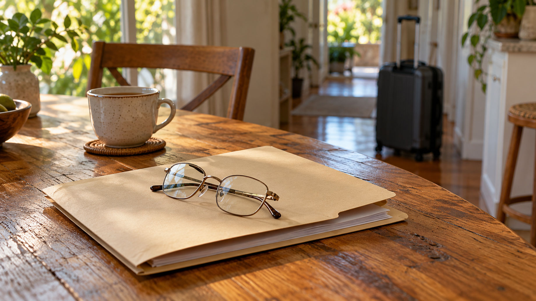 Reading glasses rest on a document folder beside a ceramic mug on a wooden table, with a carry-on suitcase in the hallway behind.